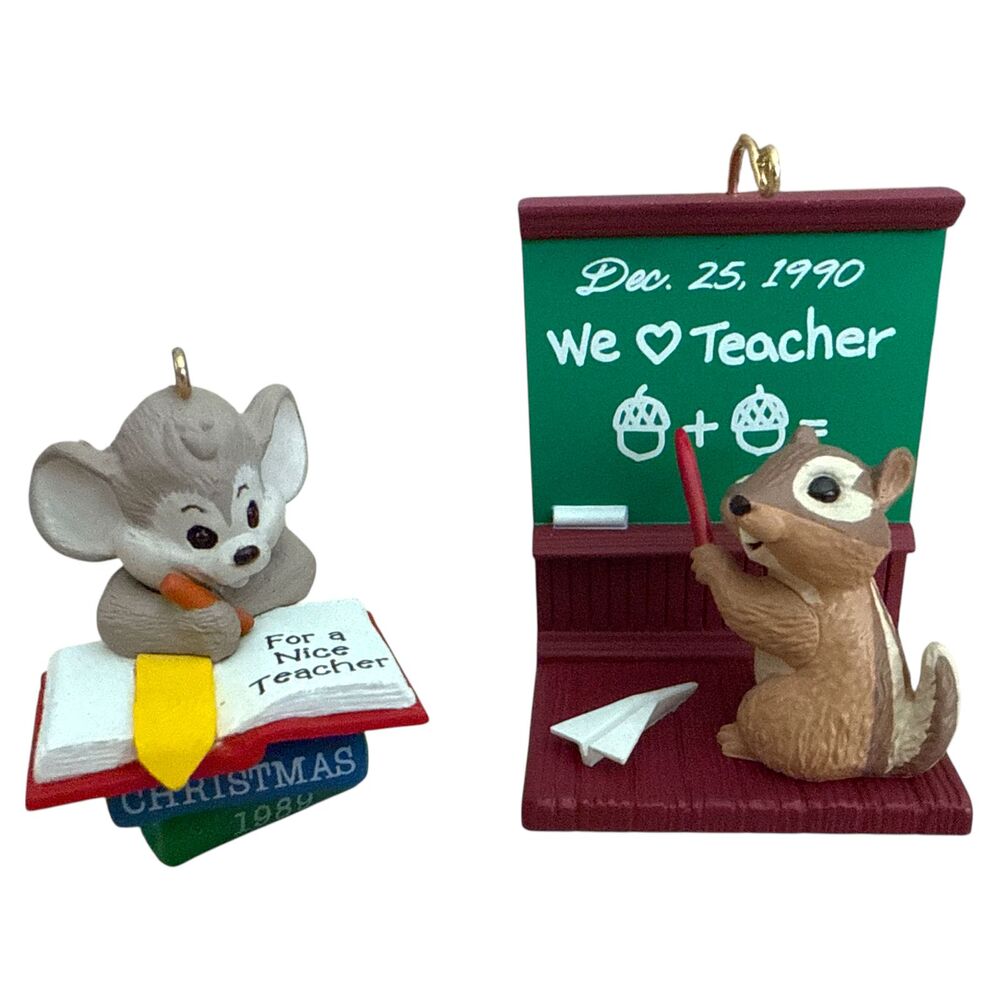 Lot 2 Hallmark Teacher Ornaments 1989 1990 Mouse & Chalkboard w/ Boxes